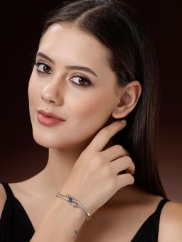 ZENEME - Rhodium Plated Royal Blue American Diamond Stoned Bangle-Style Charm Bracelet