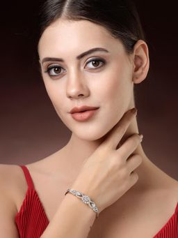 ZENEME - Rhodium Plated Brass Bangle Style Kada Cuff White American Diamond Stone Bracelet