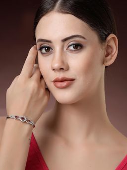 ZENEME - Rhodium Plated Brass Bangle Style Kada Cuff Ruby Red American Diamond Stone Bracelet