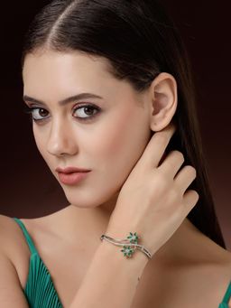 ZENEME - Rhodium Plated Brass Bangle Style Green Stone Floral Riace Bracelet