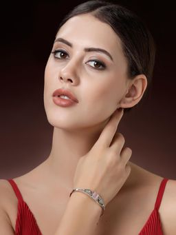 ZENEME - Rhodium Plated Brass Pink and Green Garnet Glow Bangle Style Bracelet