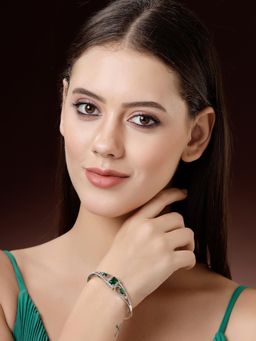 ZENEME - Rhodium Plated Brass Green Stone Garnet Glow Bangle Style Bracelet