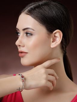 ZENEME - Rhodium Plated Brass Red Stone Garnet Glow Bangle Style Bracelet