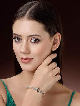 ZENEME - Rhodium Plated Green and Pink Stone Leaf Bangle Bracelet