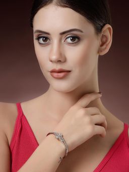 ZENEME - Rhodium Plated White Ad Stone Leaf Bangle Kada Style Bracelet