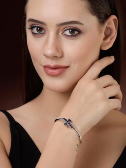ZENEME - Rhodium Plated Blue American Diamond Stone Leaf Bangle Kada Style Bracelet