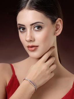 ZENEME - Rhodium Plated Ruby Red Stone Tennis Bracelet Style Bangle Bracelet