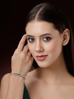 ZENEME - Rhodium Plated Green Stone Tennis Bracelet Style Bangle Bracelet