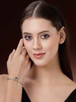 ZENEME - Rhodium Plated Blue American Diamond Detailing Verdant Drop Bangle Style Bracelet