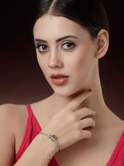 ZENEME - Rhodium Plated Ruby Red American Diamond Detailing Drop Bangle Style Bracelet