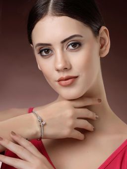 ZENEME - Rhodium Plated Pink American Diamond Detailing Verdant Drop Bangle Style Bracelet