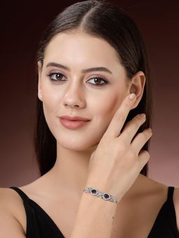 ZENEME - Silver Plated Blue American Diamond Crystal Studded Floral Bracelet