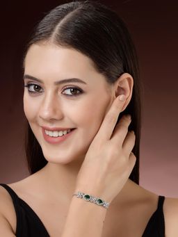 ZENEME - Silver Plated Green American Diamond Crystal Studded Floral Bracelet