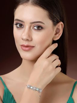 ZENEME - Silver Plated Aqua American Diamond Crystal Studded Floral Bracelet