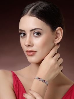 ZENEME - Silver Plated Ruby Red American Diamond Crystal Studded Floral Bracelet