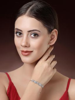 ZENEME - Silver Plated White American Diamond Crystal Studded Floral Bracelet