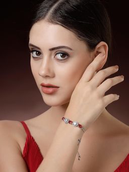 ZENEME - Rhodium Plated Ruby Red Stone and White Crystal Studded Melodic Bracelet