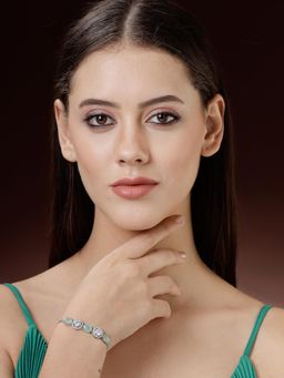ZENEME - Rhodium Plated Aqua Stone and White Crystal Studded Melodic Bracelet