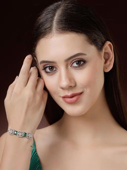 ZENEME - Rhodium Plated Green and White Crystal Studded Trinket Detailing Bracelet