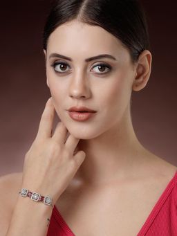 ZENEME - Rhodium Plated Ruby Red and White Crystal Studded Trinket Detailing Bracelet