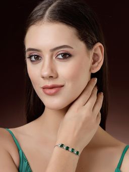 ZENEME - Rhodium Plated Emerald Green and White Crystal Studded Beed Pebble Women Bracelet
