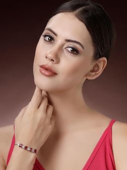 ZENEME - Rhodium Plated Ruby Red and White Crystal Studded Beed Pebble Women Bracelet