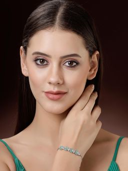 ZENEME - Rhodium Plated Aqua and White Crystal Studded Beed Pebble Women Bracelet