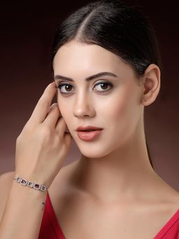 ZENEME - Rhodium Plated Ruby Red and White Crystal Detailing Platina Shine Women's Bracelet