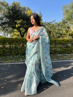 Odette - Blue Organza Embroidered Saree with Unstitched Blouse