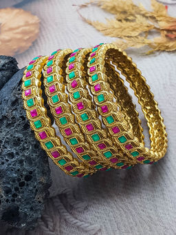 GRIIHAM - Gold Plated Studded Pack of 4 Multi Stone Bangles