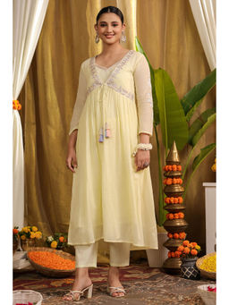 Scakhi - Pastel Yellow Mulmul Gota Work Kurta Pant and Shrug (Set of 3)