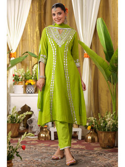 Scakhi - Green Mulmul Gota Handwork A-Line Kurta Pant and Dupatta (Set of 3)