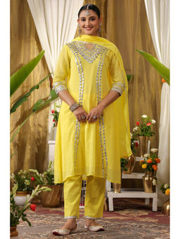 Scakhi - Yellow Mulmul Gota Handwork A-Line Kurta Pant and Dupatta (Set of 3)