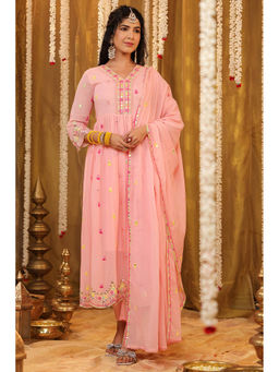 Scakhi - Peach Mulmul Mirror and Embroidered Anarkali Kurta with Pant and Dupatta (Set of 3)