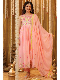 Scakhi - Pink Mulmul Mirror and Embroidered Anarkali Kurta with Pant and Dupatta (Set of 3)