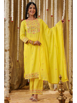Scakhi - Yellow Cotton Mirror and Embroidered Kurta with Pant and Dupatta (Set of 3)