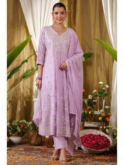 Scakhi - Lavender Mulmul Sequin Embroidered Anarkali Kurta Pant with Dupatta (Set of 3)