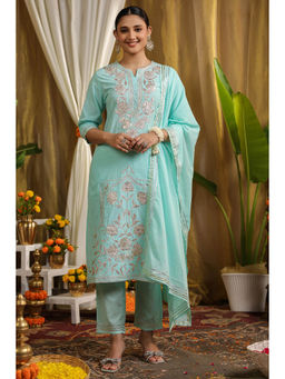Scakhi - Turquoise Cotton Gota Work Kurta with Pant and Dupatta (Set of 3)