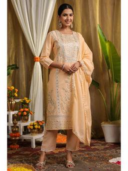 Scakhi - Peach Cotton Gota and Mirror Work Kurta and Pant with Dupatta (Set of 3)