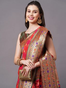 Akhilam - Red Festive Silk Blend Woven Design Saree with Unstitched Blouse with Unstitched