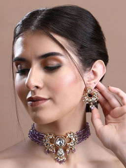 Auraa Trends - 22KT Gold Plated Kundan Elegant Purple Choker Necklace Set for Women
