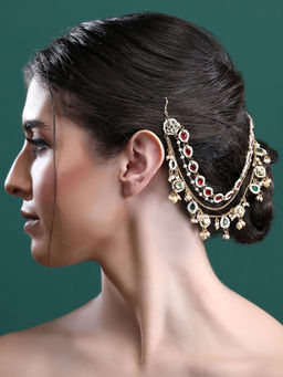 Auraa Trends - 22Kt Gold Plated Kundan Red and Green Kaanchain for Women and Girls