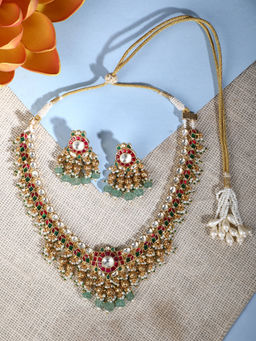 Auraa Trends - 22Kt Gold Plated Kundan Red and Green Necklace Set for Women and Girls