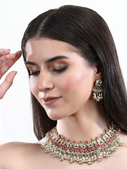 Auraa Trends - 22Kt Gold Plated Kundan Red and Green Necklace Set for Women and Girls