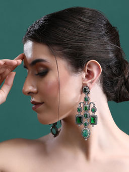 Auraa Trends - Rhodium Plated American Diamond Zircon Green Earring Set for Women and Girls
