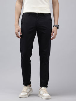 GENIPS - Men Black Striped Cotton Slim Fit Casual Trouser