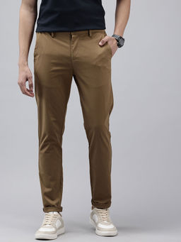 GENIPS - Men Brown Striped Cotton Slim Fit Casual Trouser