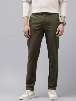 GENIPS - Men Olive Striped Cotton Slim Fit Casual Trouser