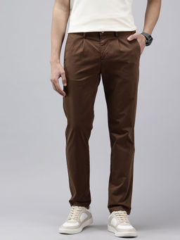 GENIPS - Men Brick Solid Cotton Slim Fit Casual Trouser