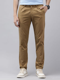 GENIPS - Men Khaki Solid Cotton Slim Fit Casual Trouser